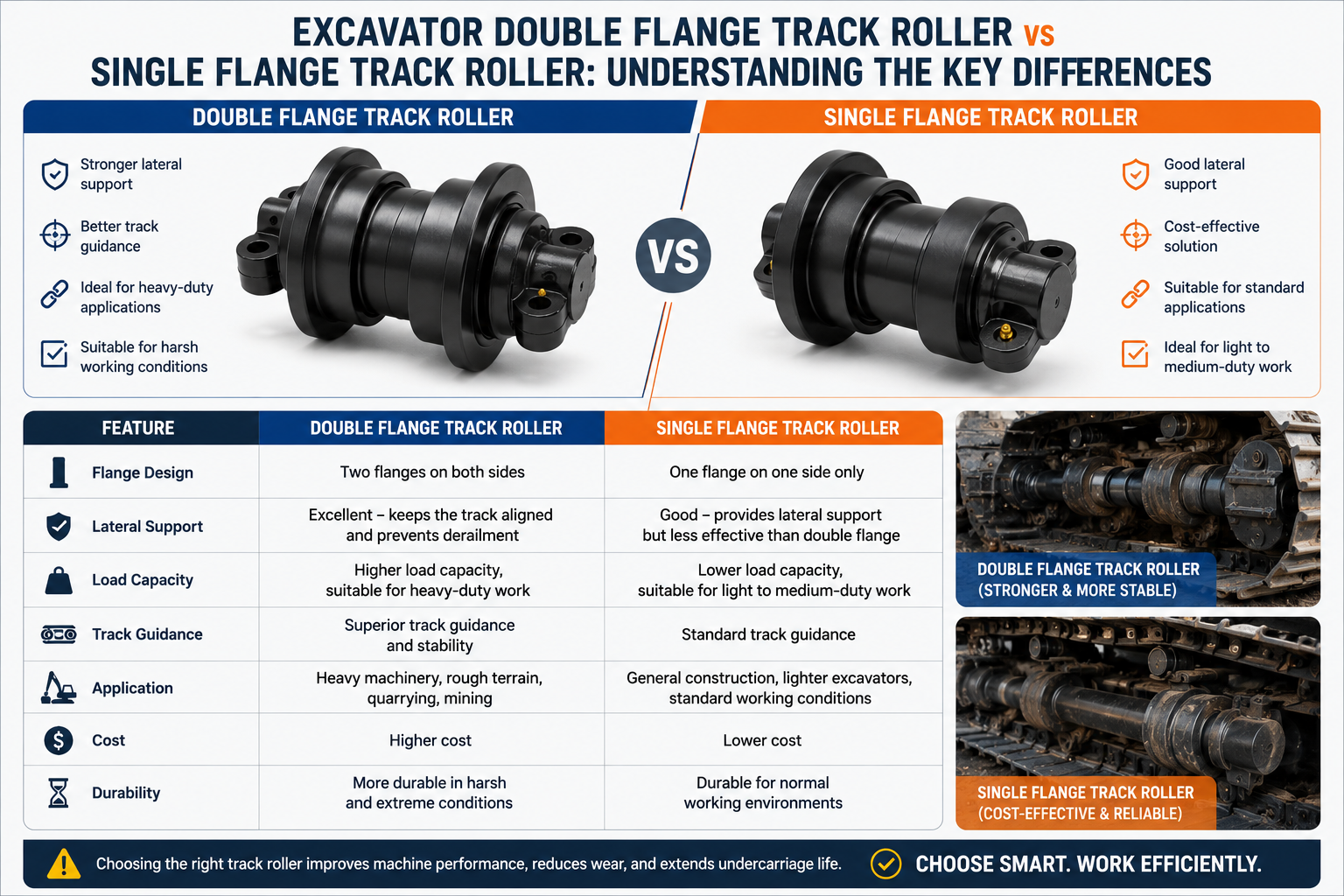 Excavator Double Flange Track Roller vs Single Flange Track Roller